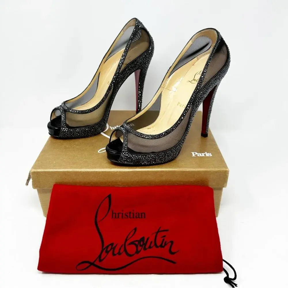 Christian Louboutin Camilla Strass Peep Toe Heels Womens Size EU 39.5